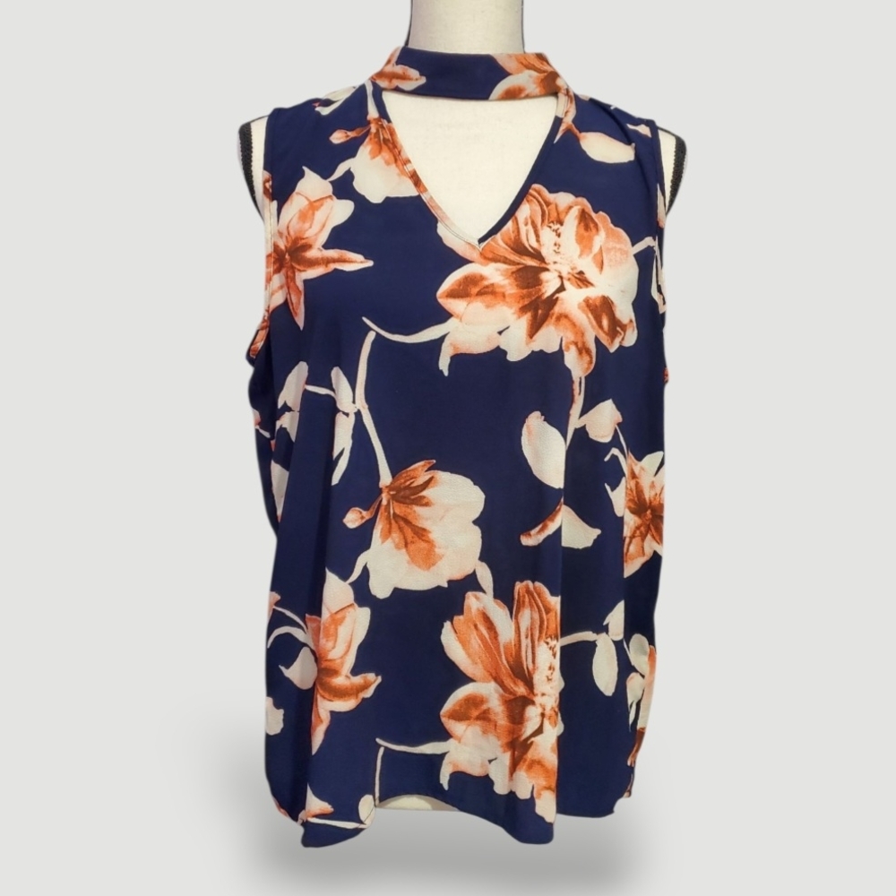 Floral Sleeveless Top - Navy and Orange